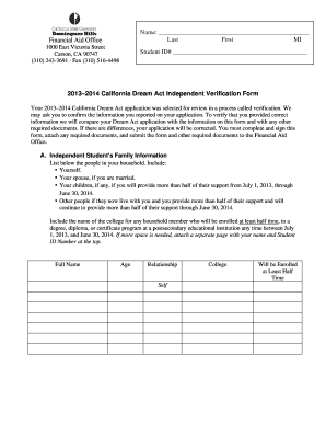 2013–2014 California Dream Act Independent Verification Form