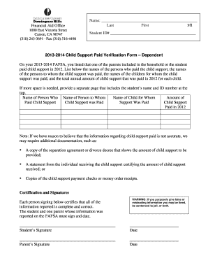 2013-2014 Child Support Paid Verification Form