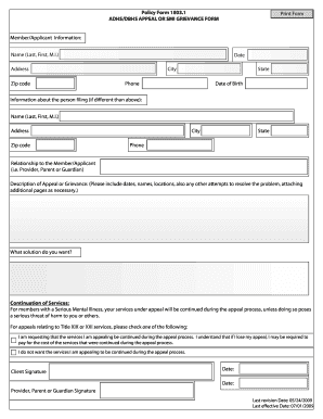 ADHS DBHS Appeal or SMI Grievance Form