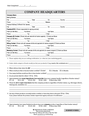 Kosher Certification Application Form