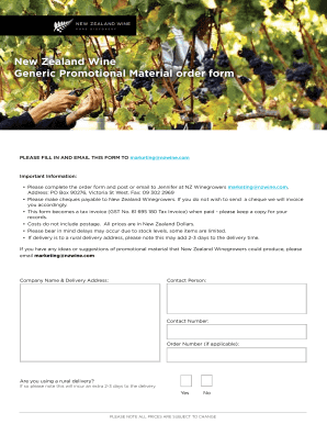 New Zealand Wine Promotional Material Order Form