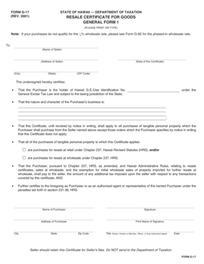 Hawaii Resale Certificate for Goods