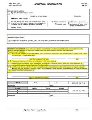 Texas School Age Child Admission Form 2935
