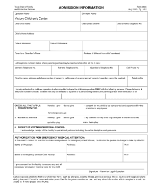 Texas Childcare Admission Form 2935