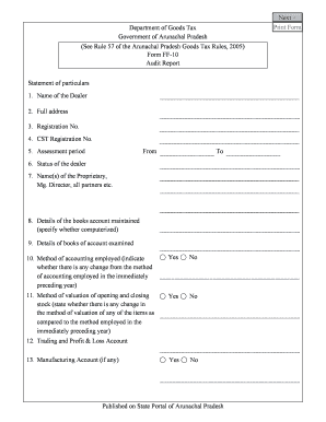 Arunachal Pradesh Goods Tax Audit Report Form FF-10