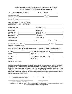 Transfiguration School Medical Authorization Form