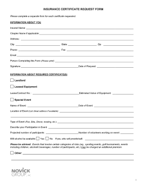 Insurance Certificate Request Form