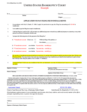 US Bankruptcy Court Application to Pay Filing Fee in Installments