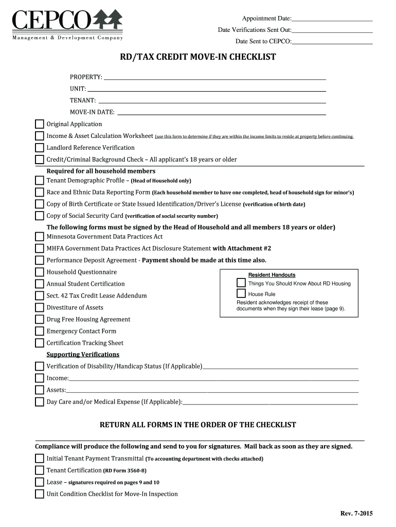 Fillable Online RD/TAX CREDIT MOVEIN CHECKLIST Fax Email Print pdfFiller