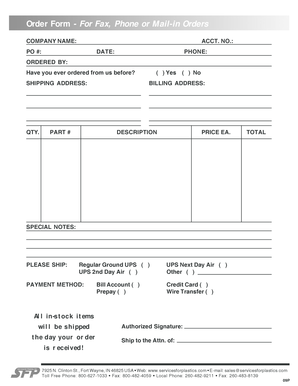Order Form for Fax, Phone or Mail-in Orders