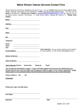 Maine Women Veteran Services Contact Form