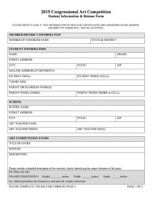 2015 Congressional Art Competition Student Form