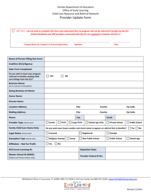 Florida Child Care Provider Update Form