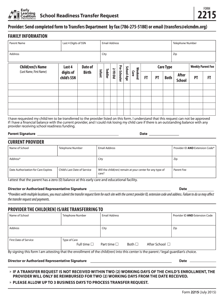 school readiness transfer form Preview on Page 1