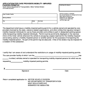 North Dakota Care Provider Mobility-Impaired Parking Permit Application