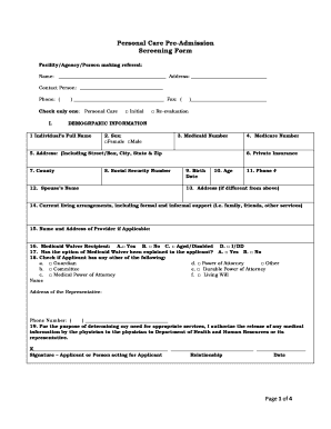 Personal Care Pre-Admission Screening Form
