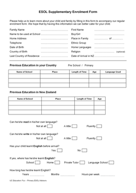 ESOL Supplementary Enrolment Form