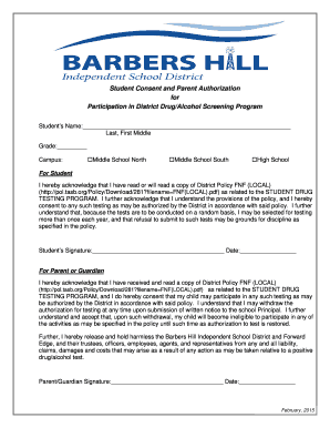 Student Consent and Parent Authorization for Drug/Alcohol Screening