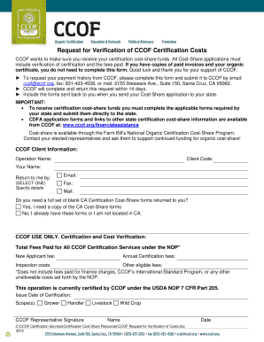 Request for Verification of CCOF Certification Costs