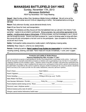 Consent letter for dance - Manassas Battlefield Hike Permission Slip Form 111713 ... - Troop 895