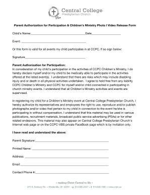 Parent Authorization for Participation & Photo Video Release Form