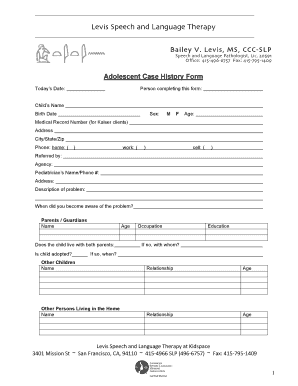 Adolescent Case History Form