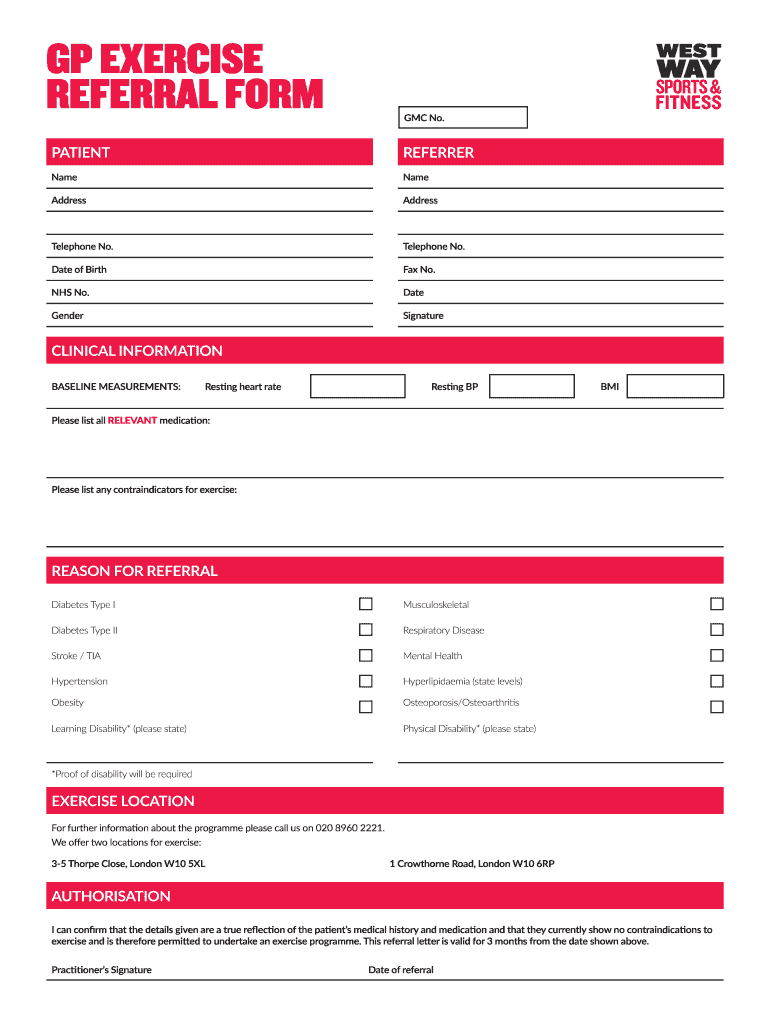 GP EXERCISE REFERRAL FORM - Westway Trust - sports westway Preview on Page 1