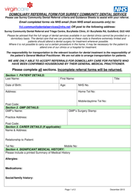 Domiciliary Referral Form for Surrey Community Dental Service