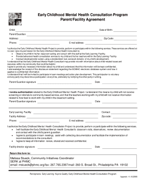 Early Childhood Mental Health Consultation Program Parent Facility Agreement