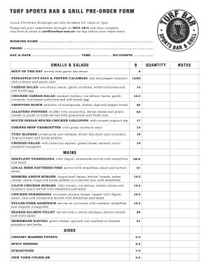 Turf Sports Bar & Grill Lunch Pre-Order Form