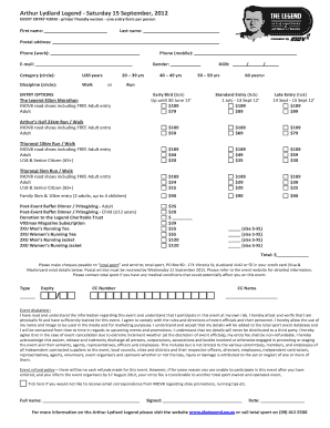 Arthur Lydiard Legend Event Entry Form