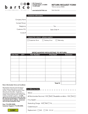 Bartco Lighting Return Request Form