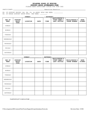 Oklahoma Board of Nursing Support Group Attendance Form