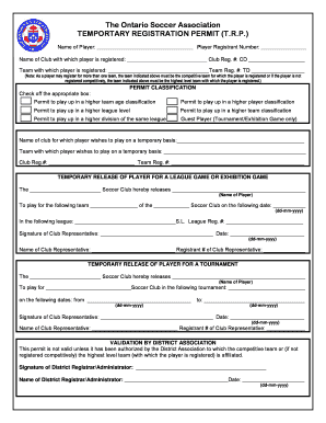 Ontario Soccer Association Temporary Registration Permit