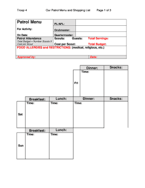Scout Patrol Menu and Shopping List