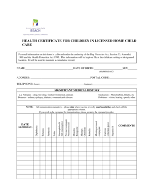 Health Certificate for Children in Licensed Home Child Care