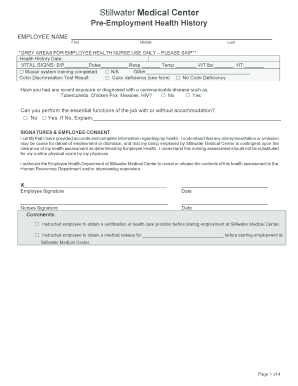 Stillwater Medical Center Pre-Employment Health History