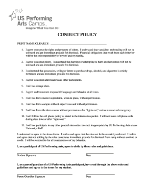 US Performing Arts Camp Conduct Policy and Waiver