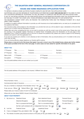 Salvation Army House & Home Insurance Application Form