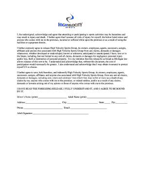 High Velocity Sports Group Waiver Form