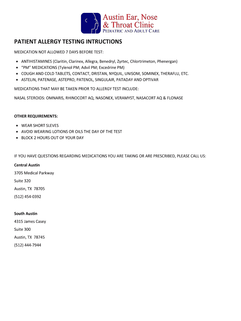 Fillable Online PATIENT ALLERGY TESTING INTRUCTIONS Fax Email Print