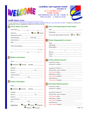 Health History Form for Pediatric Dentistry