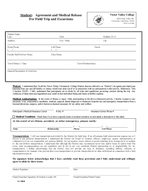 Victor Valley College Field Trip Agreement and Medical Release