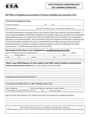 UNT Psychiatric Disability Documentation Form