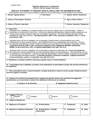Michigan Special Meal Request Form