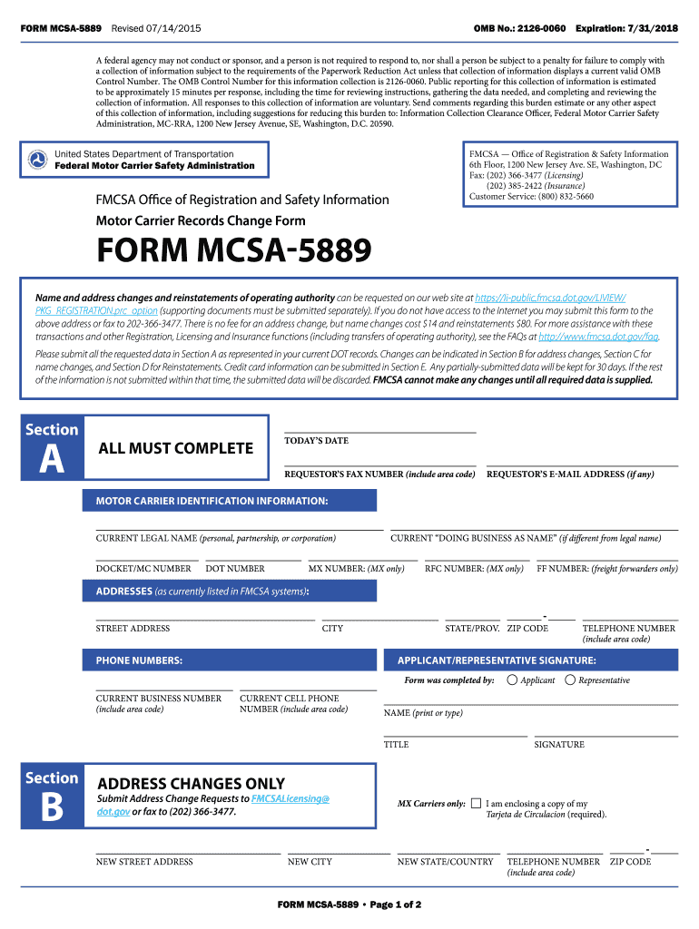 FMCSA MCSA5889 2015 Fill and Sign Printable Template Online US