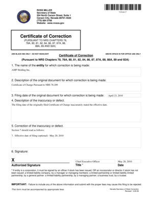 Nevada Certificate of Correction
