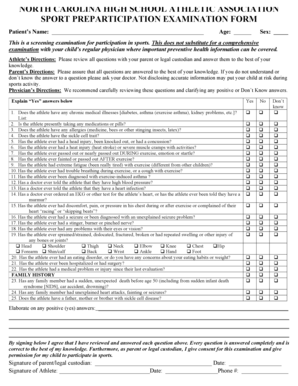 North Carolina High School Athletic Participation Exam Form