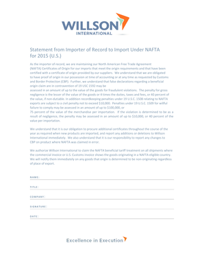 Importer of Record Statement for NAFTA