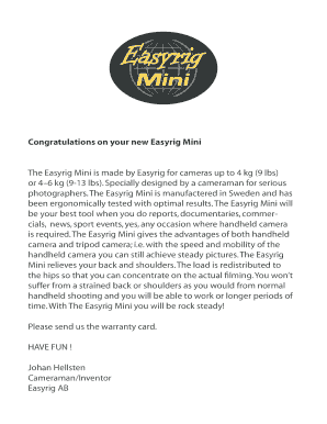 Easyrig Mini Warranty Card